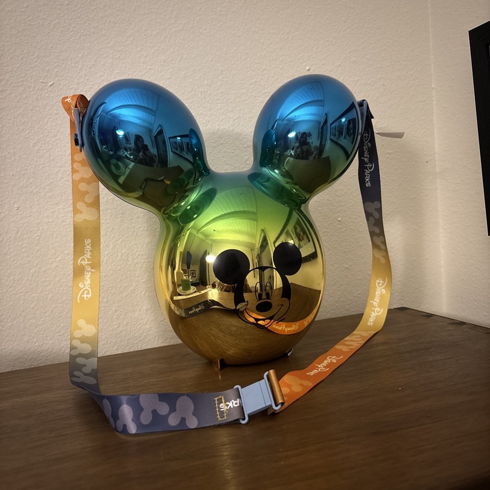 Disney Parks Mickey Mouse Balloon Popcorn Bucket Blue Green Gold w/ Strap